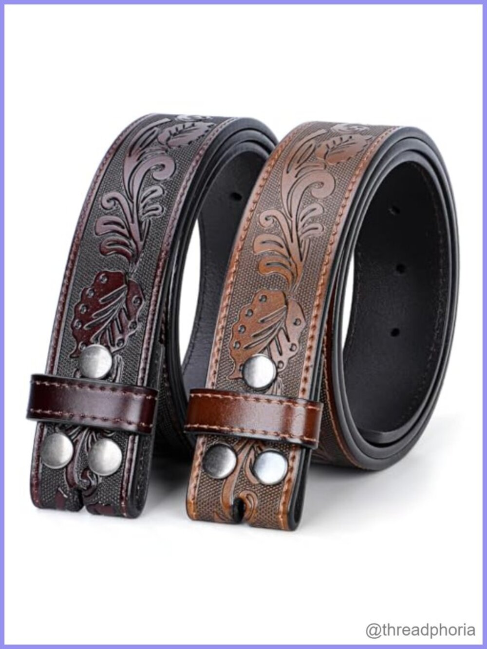 Western Leather Belt Strap 2 Pack Engraved Floral No Buckle 1.5"
